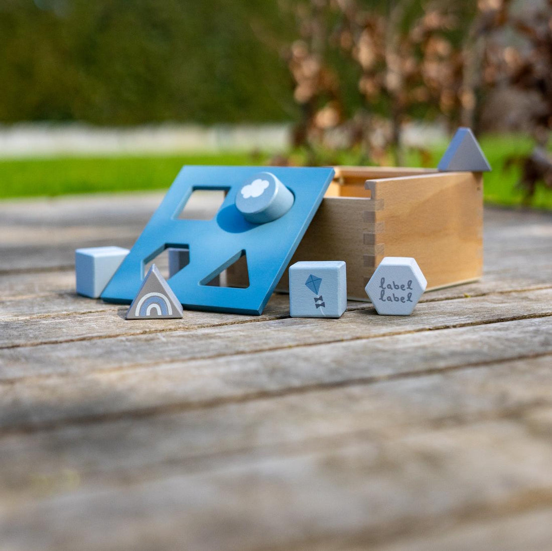 Label Label Blauw Houten Vormenstoof